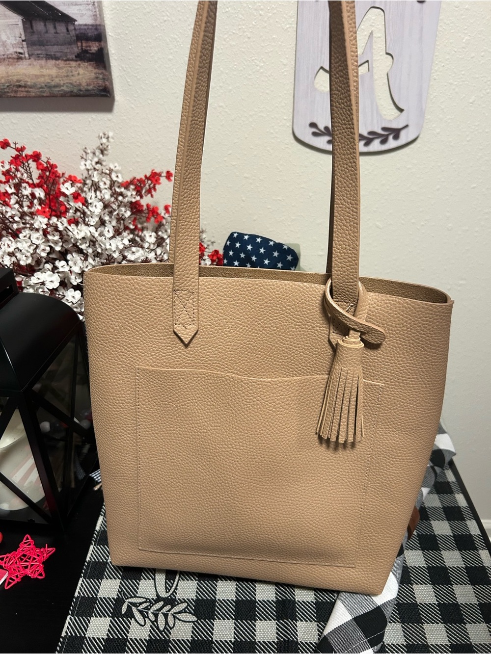 Everyday Pebbled Genuine  Leather Tote in Tan with Tassel